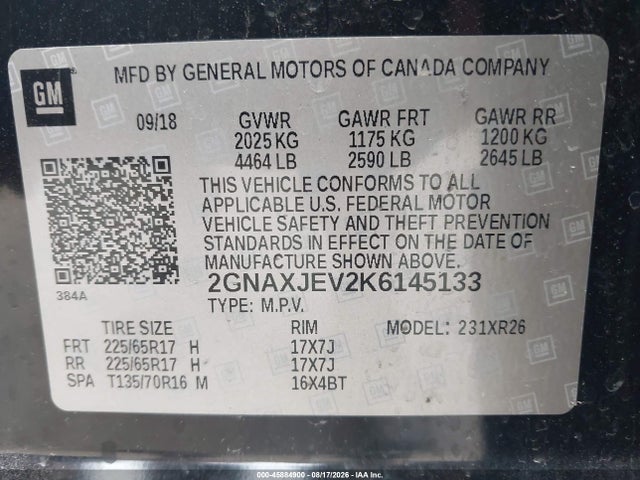 Продаж на аукціоні авто 2019 Chevrolet Equinox Lt, vin: 2GNAXJEV2K6145133, номер лоту: 45884900