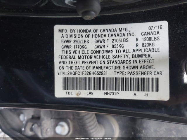 2016 Honda Civic Ex-t მანქანა იყიდება აუქციონზე, vin: 2HGFC1F32GH652831, აუქციონის ნომერი: 45884912