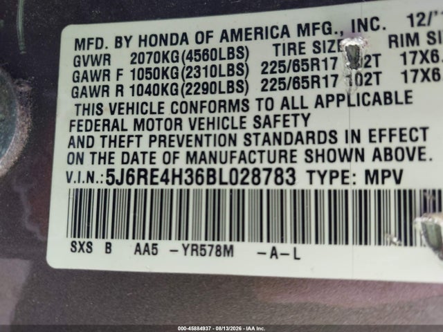 Продаж на аукціоні авто 2011 Honda Cr-v Lx, vin: 5J6RE4H36BL028783, номер лоту: 45884937