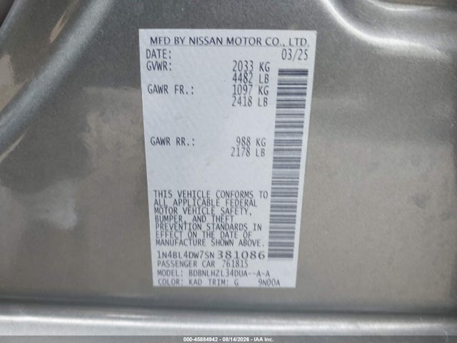 2025 Nissan Altima Sv Awd მანქანა იყიდება აუქციონზე, vin: 1N4BL4DW7SN381086, აუქციონის ნომერი: 45884942