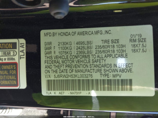 45884951 :رقم المزاد ، 5J6RW2H53KL003276 vin ، 2019 Honda Cr-v Ex مزاد بيع