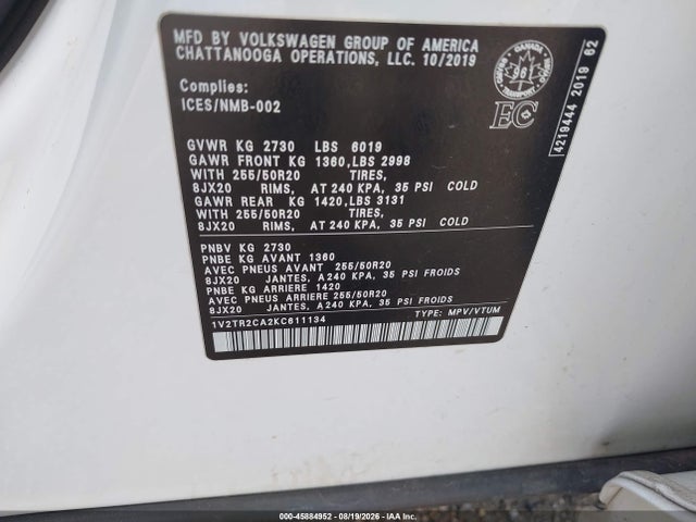 2019 Volkswagen Atlas 3.6l V6 Sel Premium მანქანა იყიდება აუქციონზე, vin: 1V2TR2CA2KC611134, აუქციონის ნომერი: 45884952