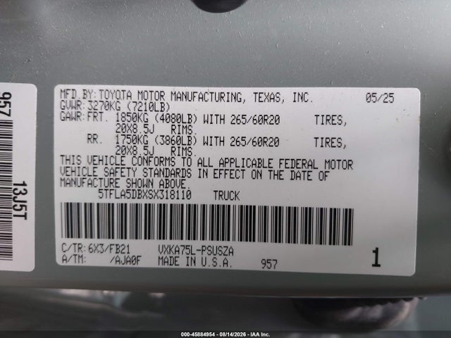 Aukcja sprzedaży 2025 Toyota Tundra Sr5, vin: 5TFLA5DBXSX318110, numer aukcji: 45884954