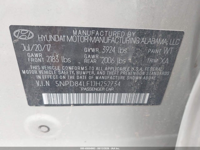 Aukcja sprzedaży 2018 Hyundai Elantra Sel, vin: 5NPD84LF1JH252734, numer aukcji: 45884963