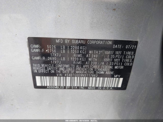 Продаж на аукціоні авто 2022 Subaru Outback Wilderness, vin: 4S4BTGSD9N3117862, номер лоту: 45884975