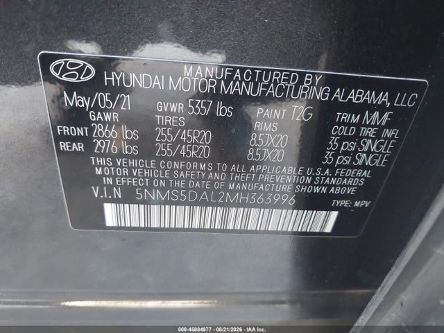 Продажа на аукционе авто 2021 Hyundai Santa Fe Calligraphy, vin: 5NMS5DAL2MH363996, номер лота: 45884977