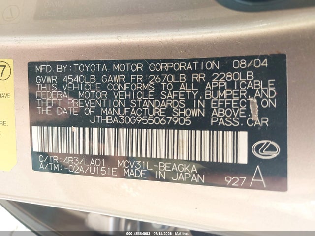 Продажа на аукционе авто 2005 Lexus Es 330, vin: JTHBA30G955067905, номер лота: 45884983