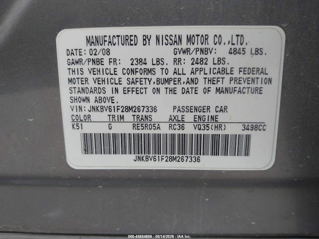 2008 Infiniti G35x მანქანა იყიდება აუქციონზე, vin: JNKBV61F28M267336, აუქციონის ნომერი: 45884986
