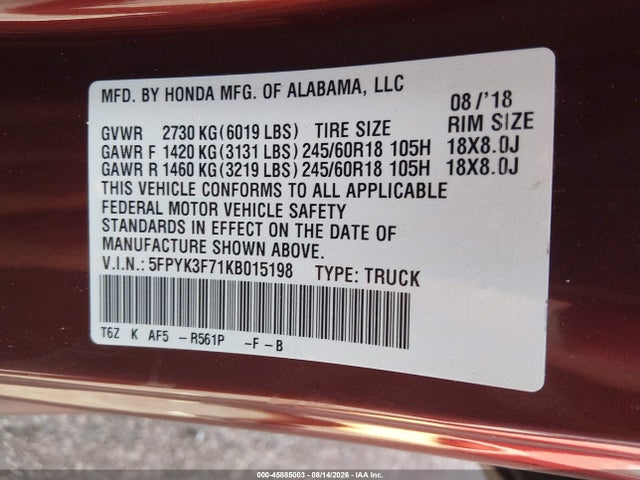 Продаж на аукціоні авто 2019 Honda Ridgeline Rtl-e, vin: 5FPYK3F71KB015198, номер лоту: 45885003