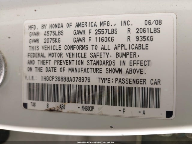Aukcja sprzedaży 2008 Honda Accord 3.5 Ex-l, vin: 1HGCP36888A078976, numer aukcji: 45885006