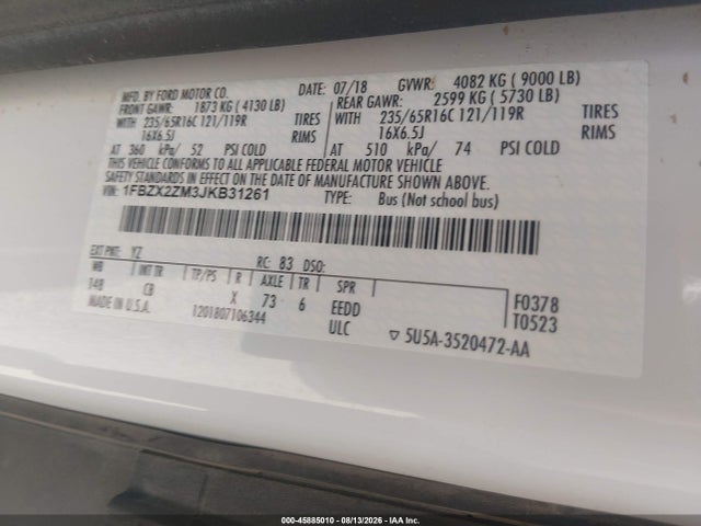 Ford Transit-350 Xl 2018 1FBZX2ZM3JKB31261 Image 9