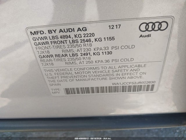 Aukcja sprzedaży 2018 Audi Q3 2.0t Premium, vin: WA1JCCFS2JR022630, numer aukcji: 45885012