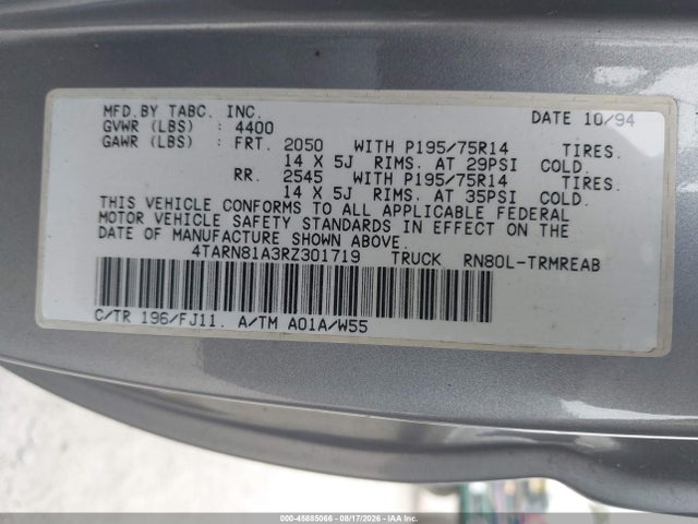 Продажа на аукционе авто 1994 Toyota Pickup 1/2 Ton Short Whlbase Stb, vin: 4TARN81A3RZ301719, номер лота: 45885066