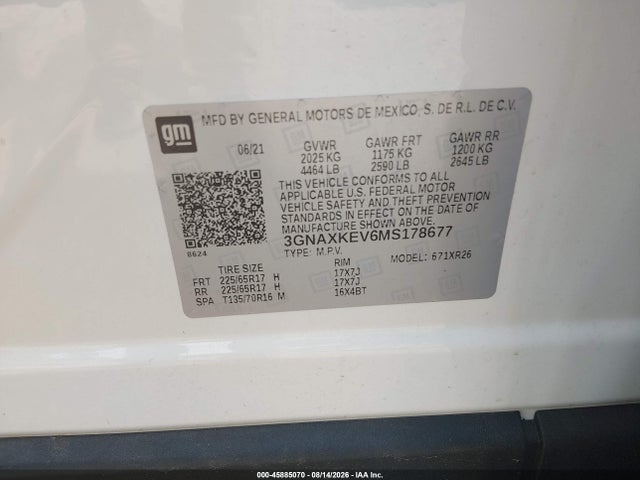 45885070 :رقم المزاد ، 3GNAXKEV6MS178677 vin ، 2021 Chevrolet Equinox Fwd Lt مزاد بيع