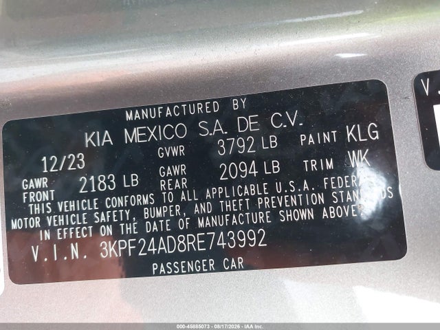 Aukcja sprzedaży 2024 Kia Forte Lxs, vin: 3KPF24AD8RE743992, numer aukcji: 45885073