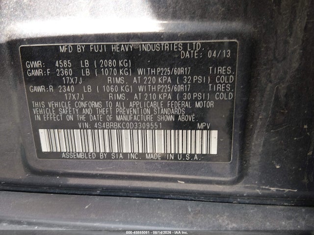 2013 Subaru Outback 2.5i Limited მანქანა იყიდება აუქციონზე, vin: 4S4BRBKC0D3309551, აუქციონის ნომერი: 45885081