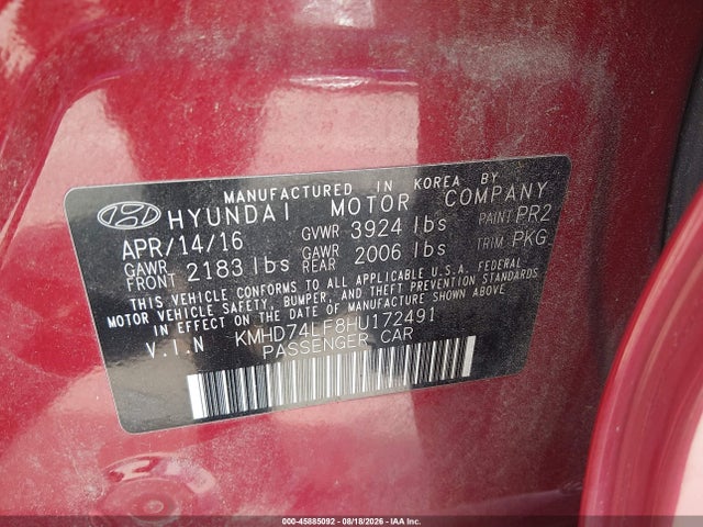 2017 Hyundai Elantra Se მანქანა იყიდება აუქციონზე, vin: KMHD74LF8HU172491, აუქციონის ნომერი: 45885092