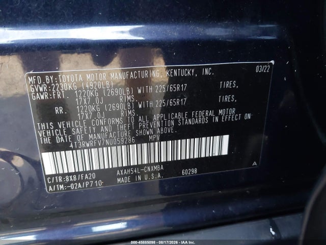 Продажа на аукционе авто 2022 Toyota Rav4 Hybrid Xle, vin: 4T3RWRFV7NU059286, номер лота: 45885098