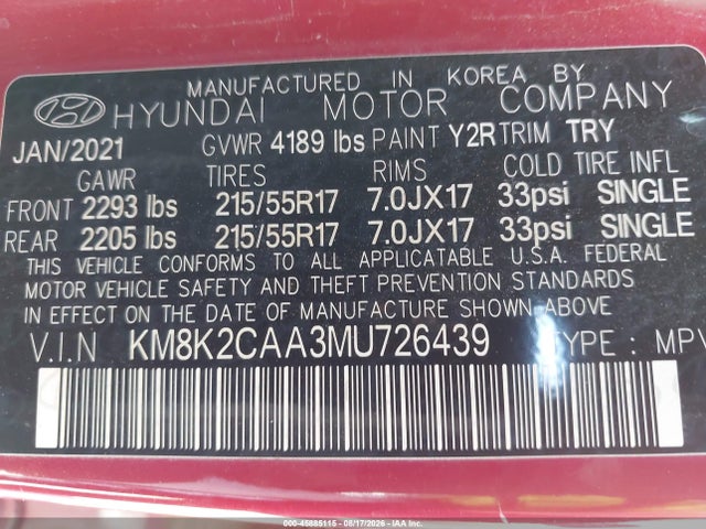 KM8K2CAA3MU726439 Hyundai Kona Sel