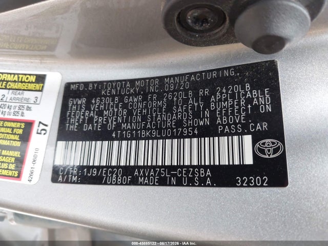 2020 Toyota Camry Se/se Night Shade მანქანა იყიდება აუქციონზე, vin: 4T1G11BK9LU017954, აუქციონის ნომერი: 45885122