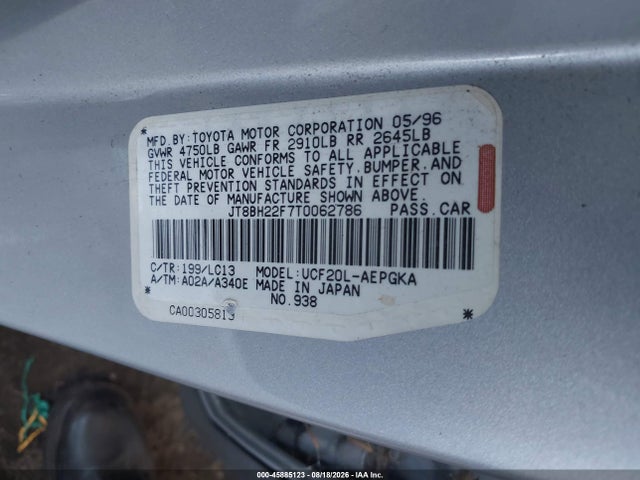 45885123 :رقم المزاد ، JT8BH22F7T0062786 vin ، 1996 Lexus Ls 400 مزاد بيع