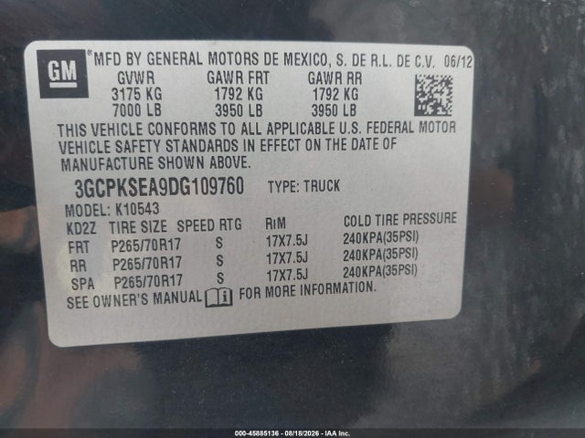 Продажа на аукционе авто 2013 Chevrolet Silverado 1500 Lt, vin: 3GCPKSEA9DG109760, номер лота: 45885136
