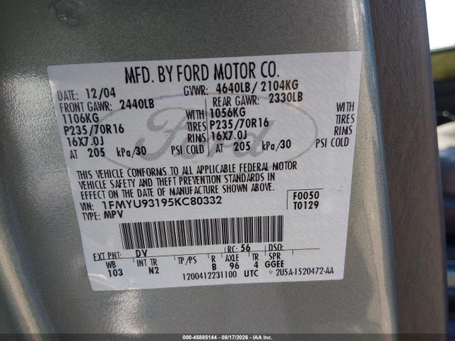45885144 :رقم المزاد ، 1FMYU93195KC80332 vin ، 2005 Ford Escape Xlt مزاد بيع