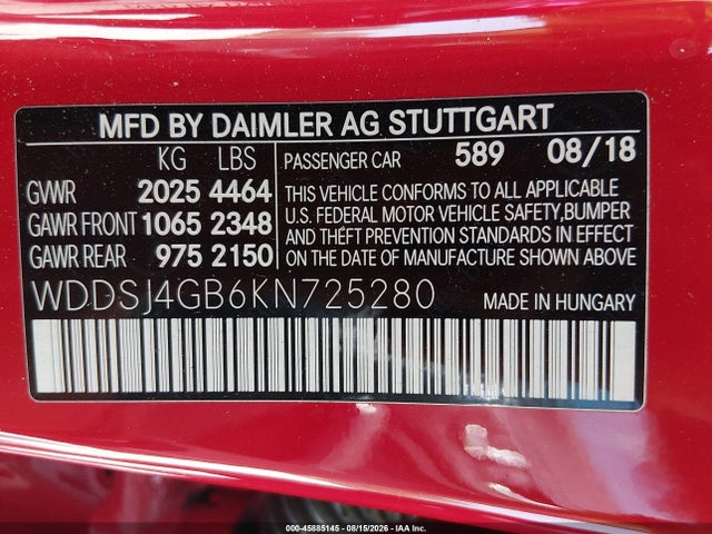 45885145 :رقم المزاد ، WDDSJ4GB6KN725280 vin ، 2019 Mercedes-benz Cla 250 4matic مزاد بيع