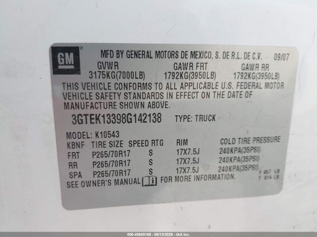 Продаж на аукціоні авто 2008 Gmc Sierra 1500 Slt, vin: 3GTEK13398G142138, номер лоту: 45885169