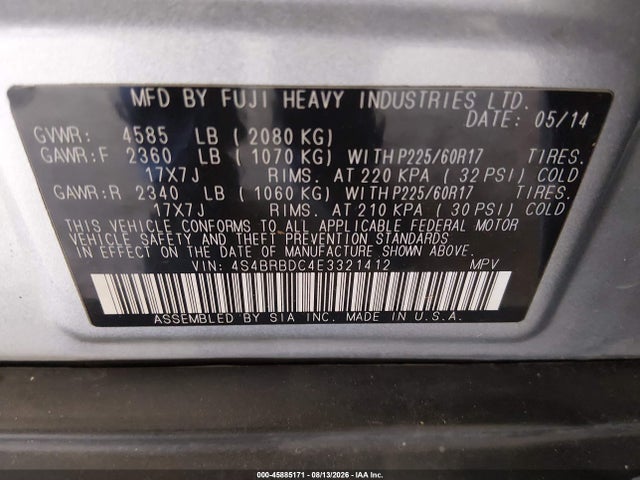 2014 Subaru Outback 2.5i Premium მანქანა იყიდება აუქციონზე, vin: 4S4BRBDC4E3321412, აუქციონის ნომერი: 45885171