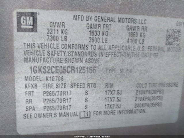 45885178 :رقم المزاد ، 1GKS2CE05CR125156 vin ، 2012 Gmc Yukon Slt مزاد بيع