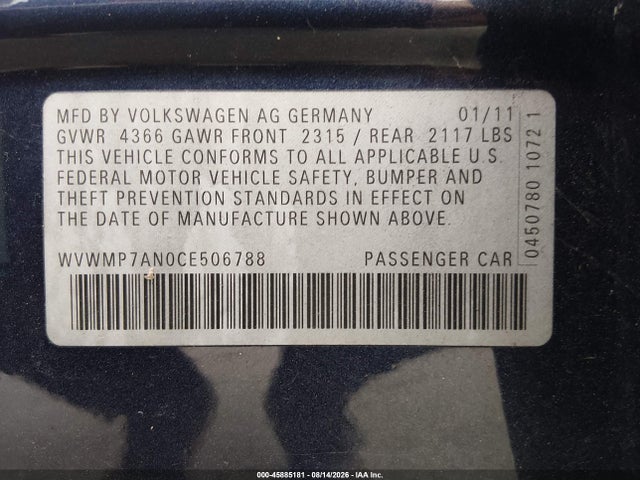 Продаж на аукціоні авто 2012 Volkswagen Cc Sport, vin: WVWMP7AN0CE506788, номер лоту: 45885181