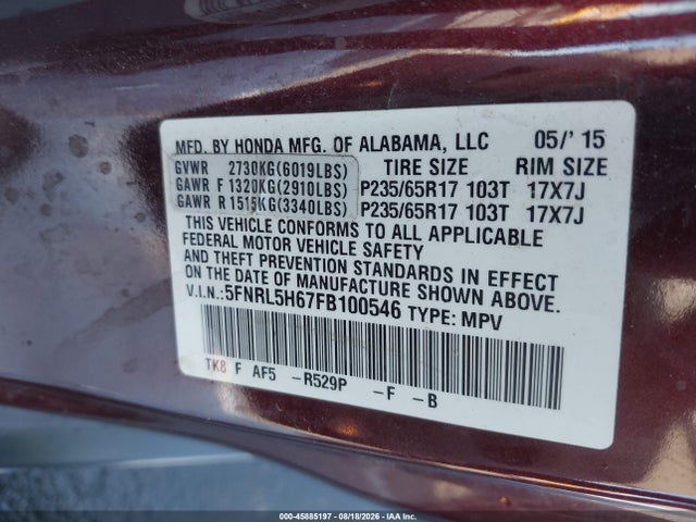 2015 Honda Odyssey Ex-l მანქანა იყიდება აუქციონზე, vin: 5FNRL5H67FB100546, აუქციონის ნომერი: 45885197