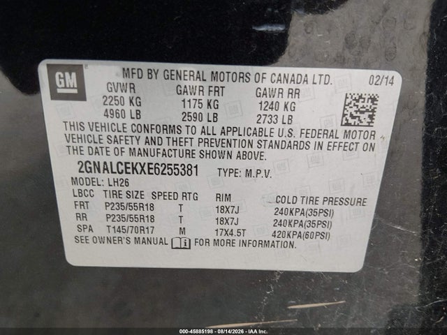 Продажа на аукционе авто 2014 Chevrolet Equinox Lt, vin: 2GNALCEKXE6255381, номер лота: 45885198