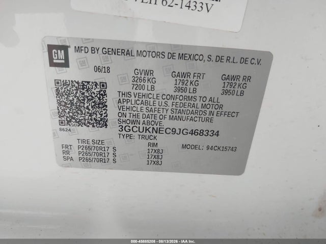 2018 Chevrolet Silverado 1500 Wt მანქანა იყიდება აუქციონზე, vin: 3GCUKNEC9JG468334, აუქციონის ნომერი: 45885208
