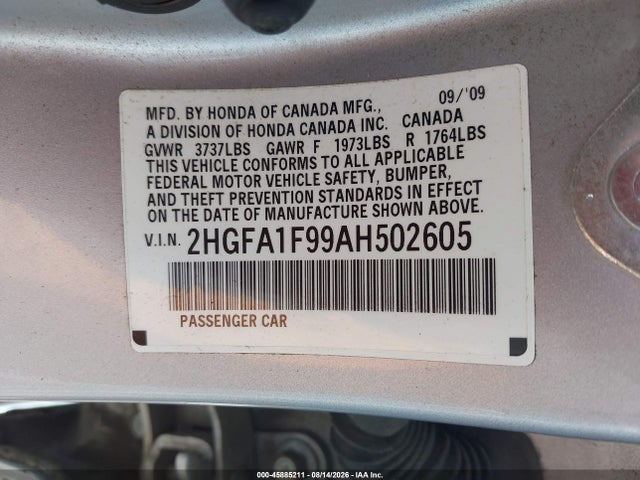 45885211 :رقم المزاد ، 2HGFA1F99AH502605 vin ، 2010 Honda Civic Ex-l مزاد بيع