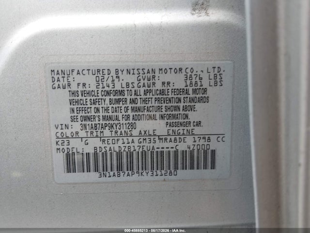 Продажа на аукционе авто 2019 Nissan Sentra Sv, vin: 3N1AB7AP9KY311280, номер лота: 45885213