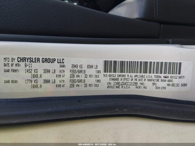 2012 Dodge Durango Crew მანქანა იყიდება აუქციონზე, vin: 1C4RDJDG4CC121299, აუქციონის ნომერი: 45885214