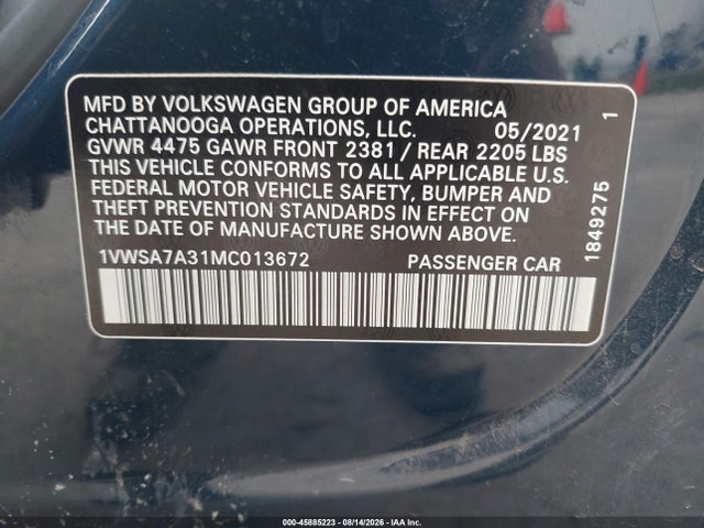 Продажа на аукционе авто 2021 Volkswagen Passat 2.0t Se, vin: 1VWSA7A31MC013672, номер лота: 45885223