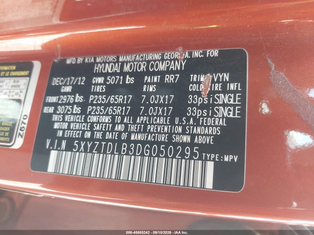 45885242 :رقم المزاد ، 5XYZTDLB3DG050295 vin ، 2013 Hyundai Santa Fe Sport مزاد بيع