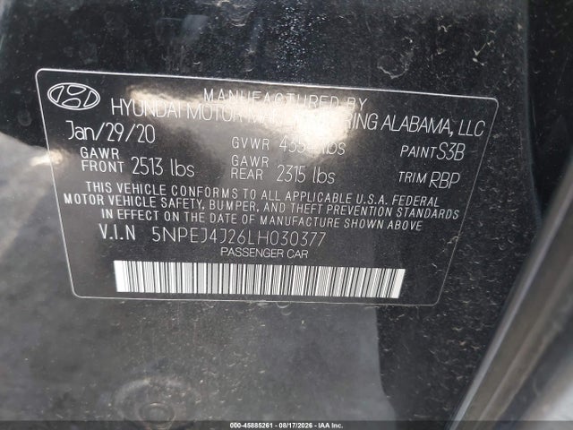2020 Hyundai Sonata Sel Plus მანქანა იყიდება აუქციონზე, vin: 5NPEJ4J26LH030377, აუქციონის ნომერი: 45885261