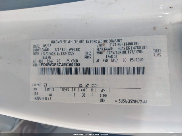 Aukcja sprzedaży 2018 Ford F-350 Chassis Xl, vin: 1FD8W3F67JEC69658, numer aukcji: 45885273