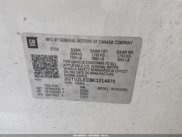 2019 Gmc Sierra 1500 Limited მანქანა იყიდება აუქციონზე, vin: 2GTV2LEC8K1214875, აუქციონის ნომერი: 45885281