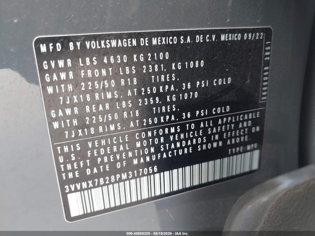 2023 Volkswagen Taos 1.5t Se მანქანა იყიდება აუქციონზე, vin: 3VVNX7B28PM317056, აუქციონის ნომერი: 45885285