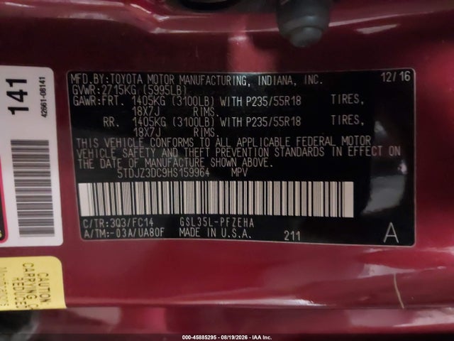 Aukcja sprzedaży 2017 Toyota Sienna Le 7 Passenger, vin: 5TDJZ3DC9HS159964, numer aukcji: 45885295