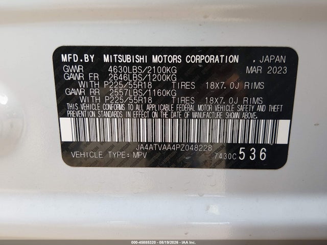 Aukcja sprzedaży 2023 Mitsubishi Eclipse Cross Le S-awc, vin: JA4ATVAA4PZ048228, numer aukcji: 45885320
