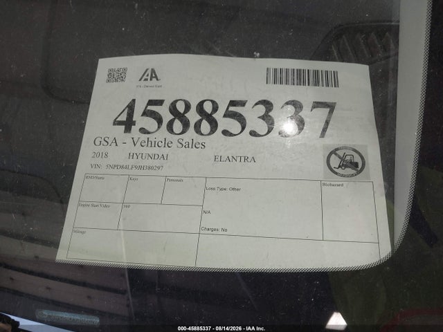 Aukcja sprzedaży 2018 Hyundai Elantra Sel, vin: 5NPD84LF9JH380297, numer aukcji: 45885337