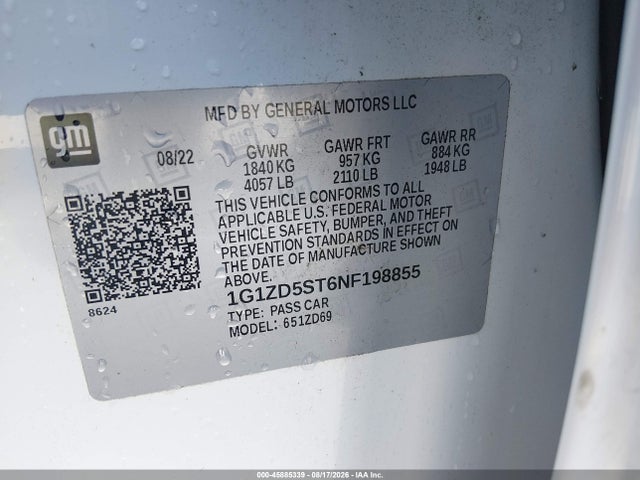 45885339 :رقم المزاد ، 1G1ZD5ST6NF198855 vin ، 2022 Chevrolet Malibu Fwd Lt مزاد بيع