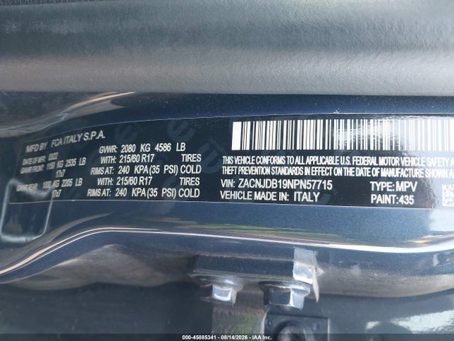 Auction sale of the 2022 Jeep Renegade Latitude 4x4, vin: ZACNJDB19NPN57715, lot number: 45885341