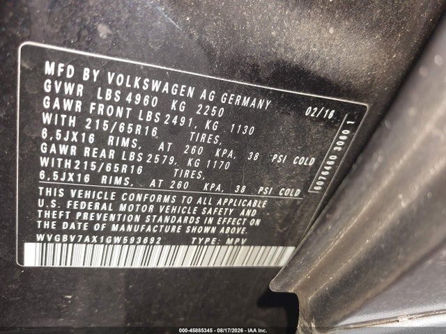 2016 Volkswagen Tiguan S მანქანა იყიდება აუქციონზე, vin: WVGBV7AX1GW593692, აუქციონის ნომერი: 45885345